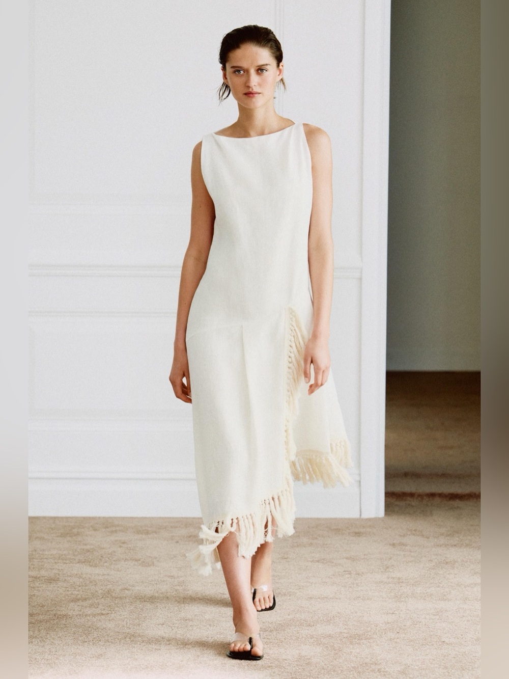 ZARA ZW ASYMMETRIC FRINGED LINEN DRESS LIGHT BEIGE